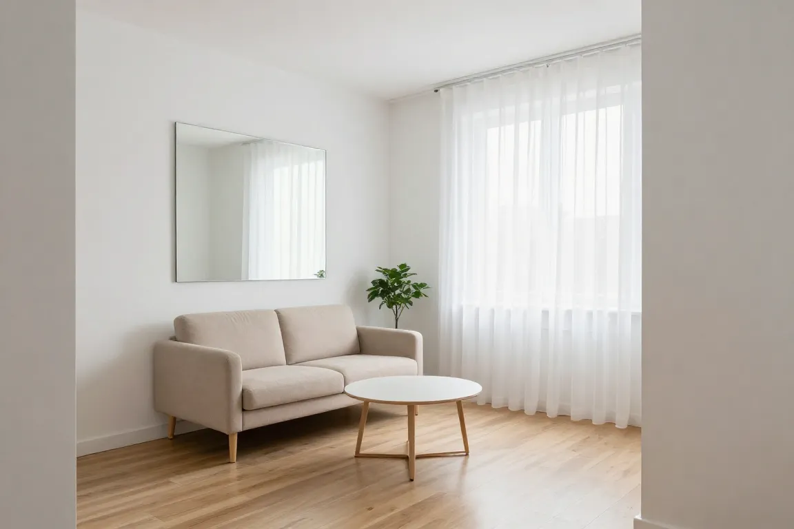 Sala de apartamento compacto em estilo minimalista com espelho e cores claras que ampliam o espaço